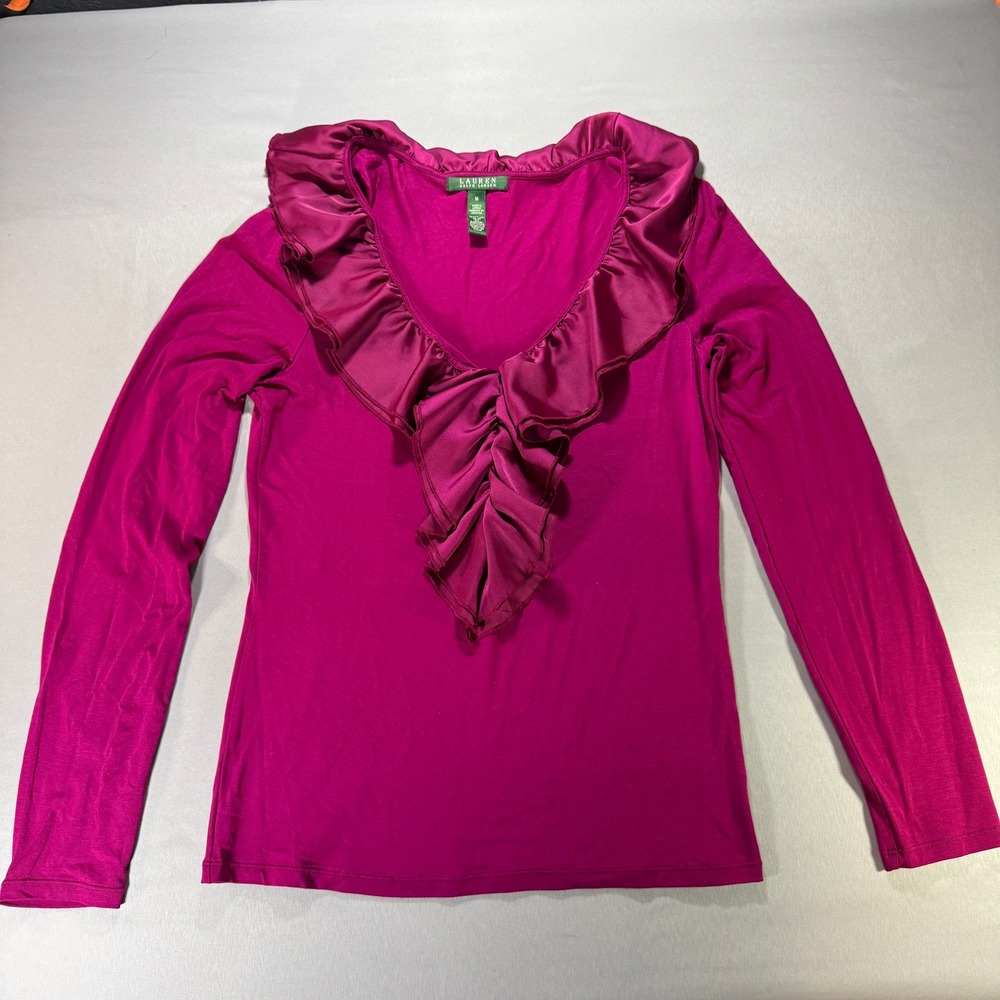 Lauren Ralph Lauren Magenta Ruffle V-Neck Long Sleeve Top Womens Medium Pink